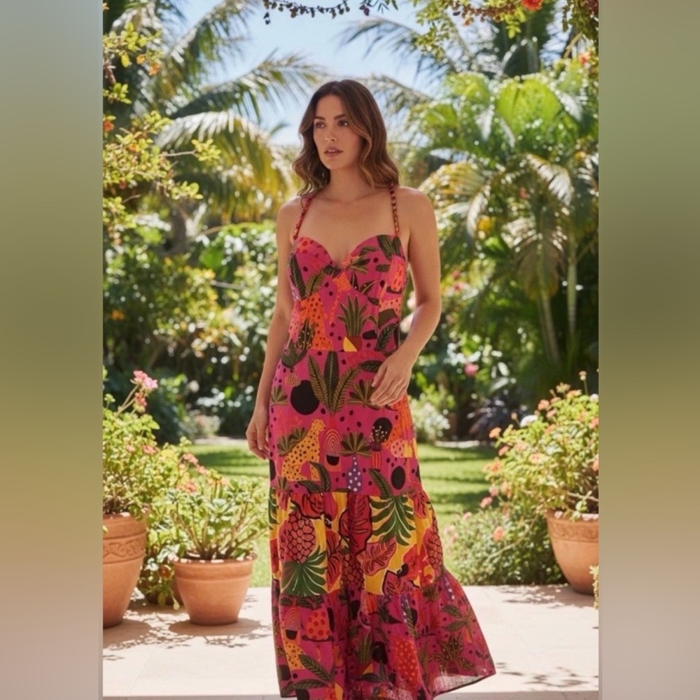 Farm Rio Pop Leopards Maxi Dress Beaded Straps L
